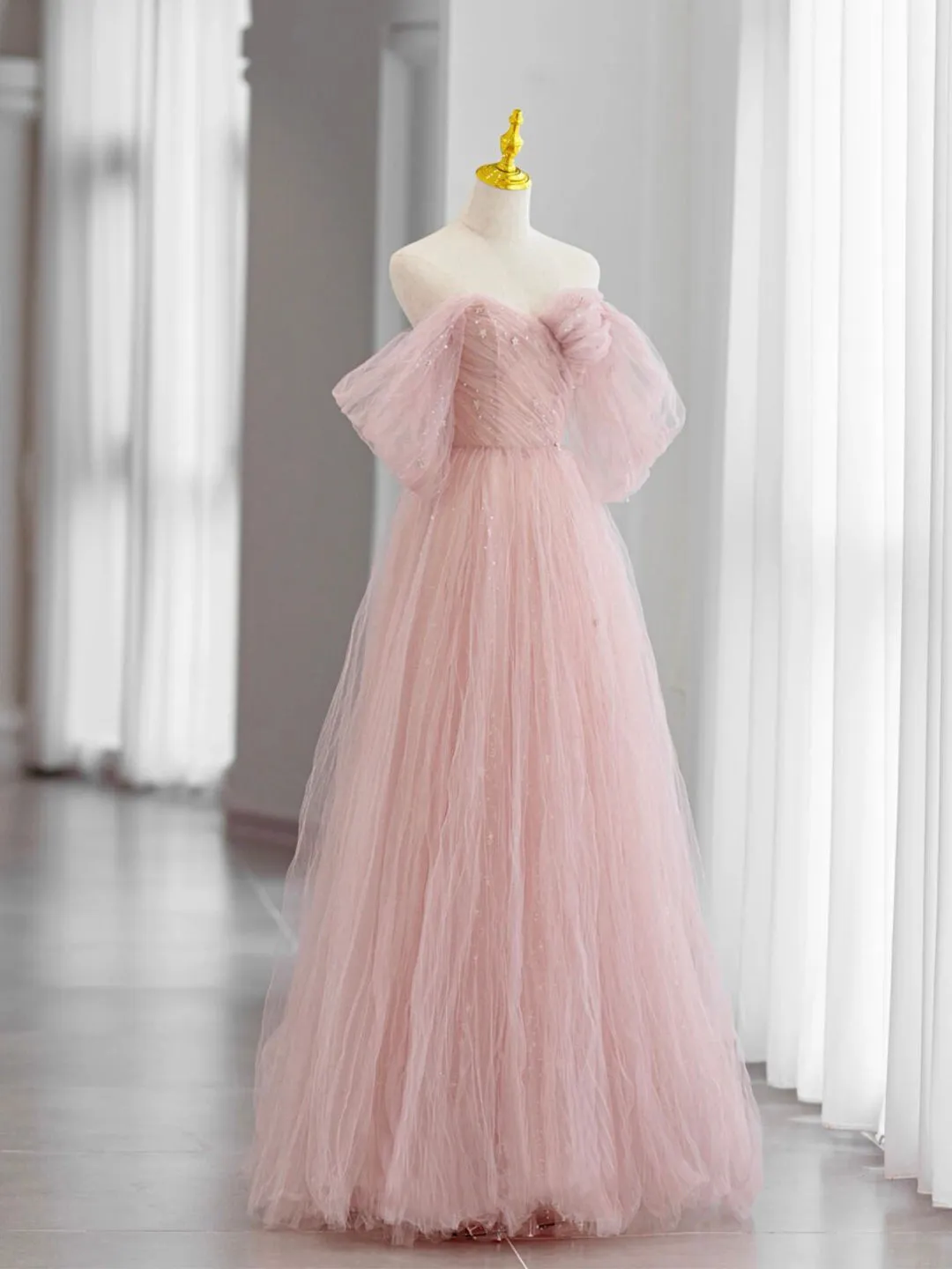 Pink Tulle Long Prom Dress Beautiful A-Line Off Shoulder Evening Dress