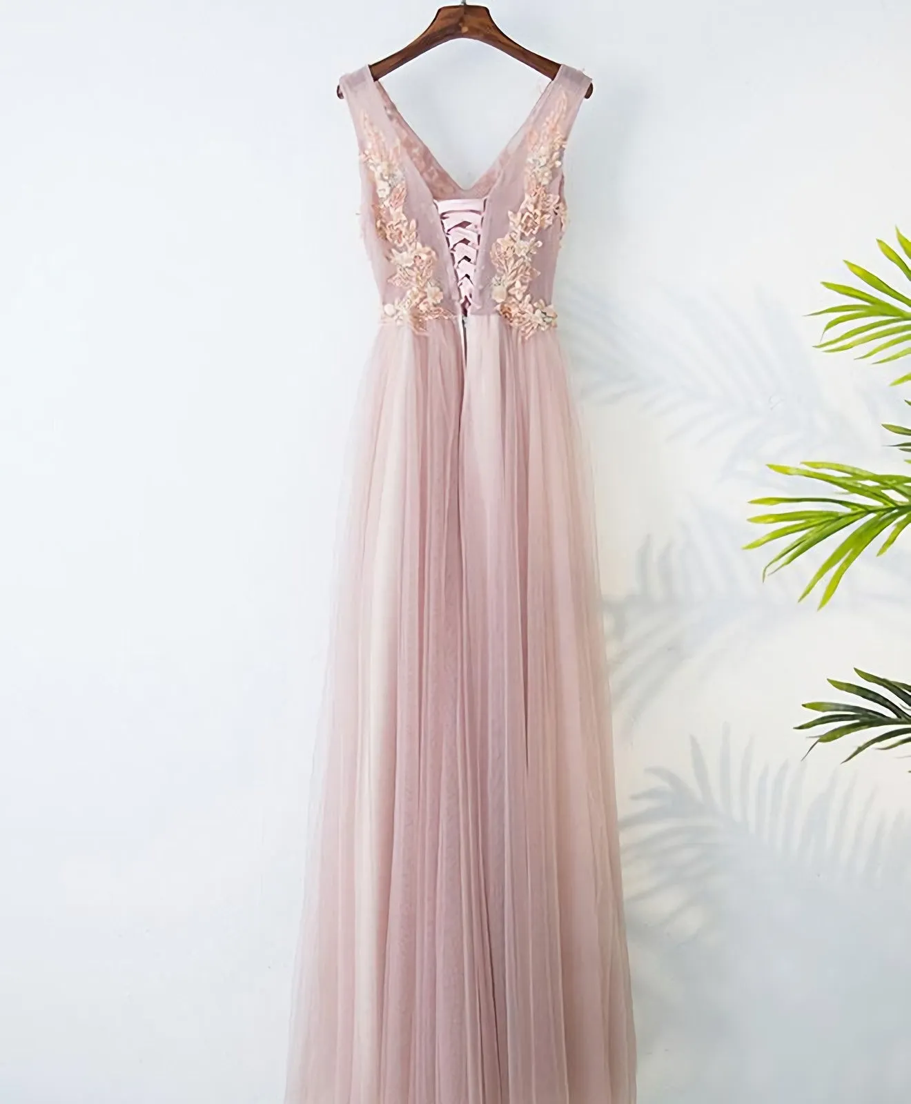 Pink V Neck Lace Long Prom Dress, Evening Dress