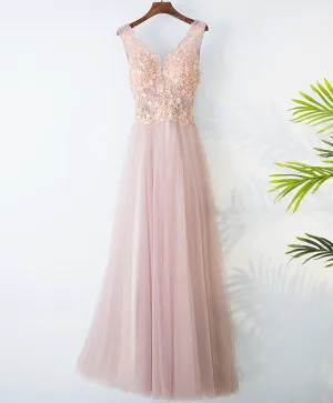 Pink V Neck Lace Long Prom Dress, Evening Dress