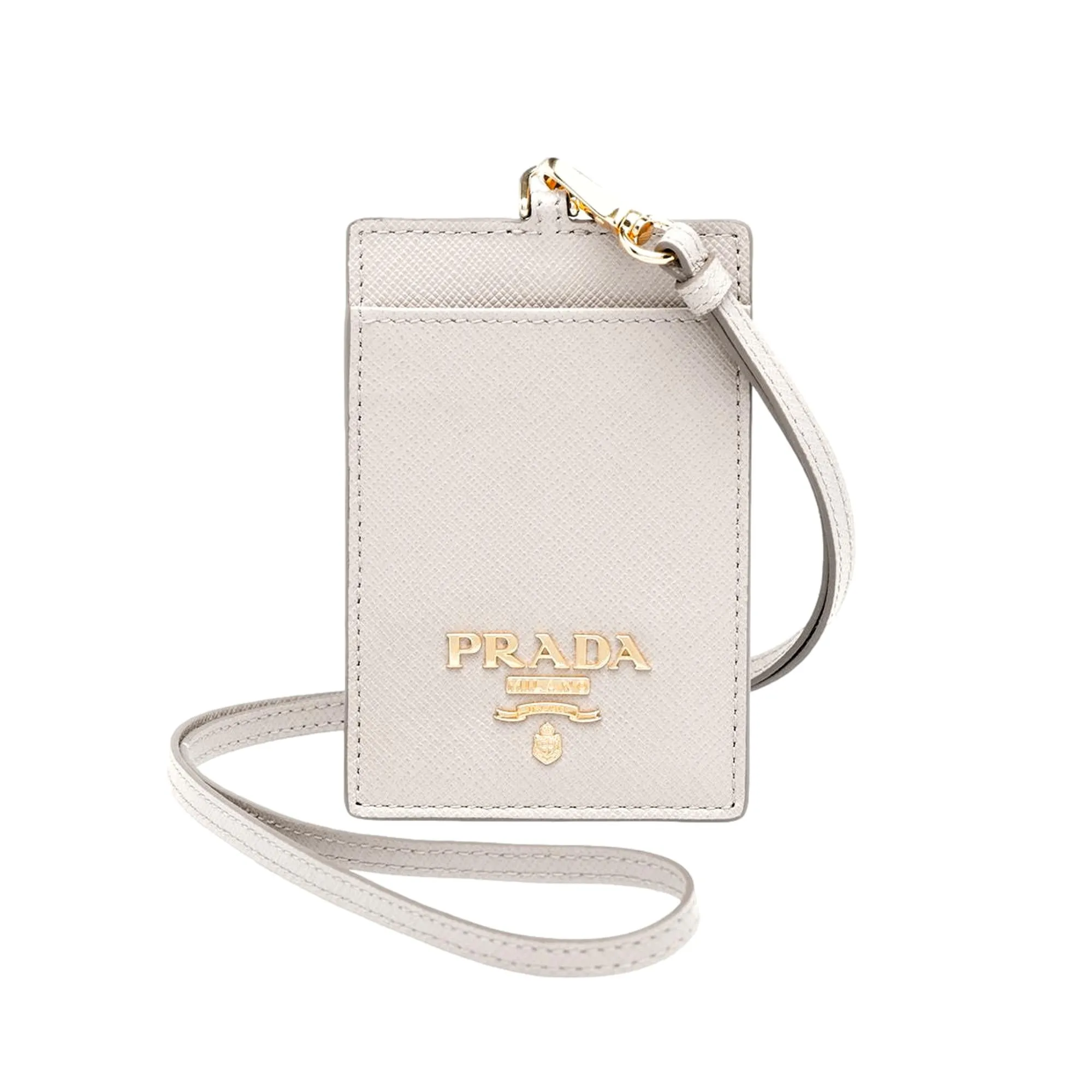 Prada Saffiano Ivory Leather Logo Plaque ID Cardholder Lanyard
