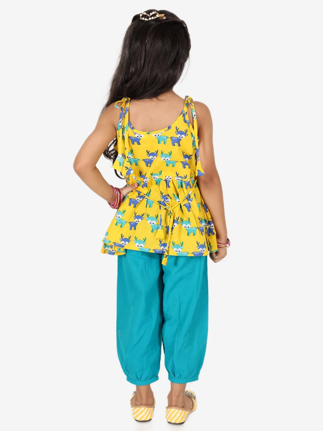 Printed Cotton Indo Westren Top with Harem Dhoti Suit Set for Girls- Yellow