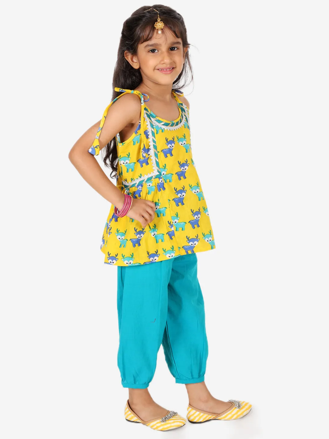 Printed Cotton Indo Westren Top with Harem Dhoti Suit Set for Girls- Yellow