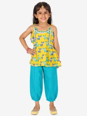 Printed Cotton Indo Westren Top with Harem Dhoti Suit Set for Girls- Yellow