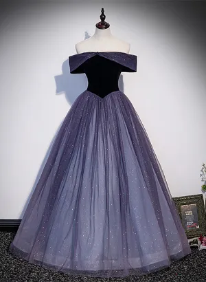Purple Gradient Tulle Off Shoulder Long Party Dress, A-line Purple Evening Dress Prom Dress