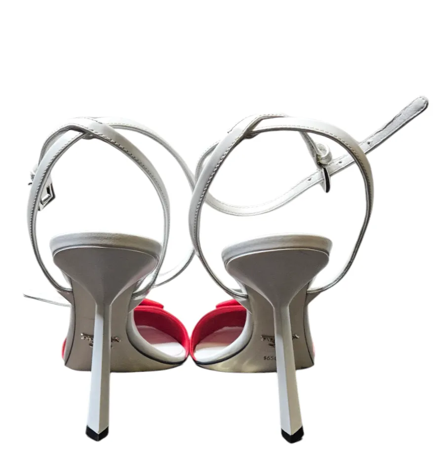 Red and White Prada Pumps with Prada Emblem