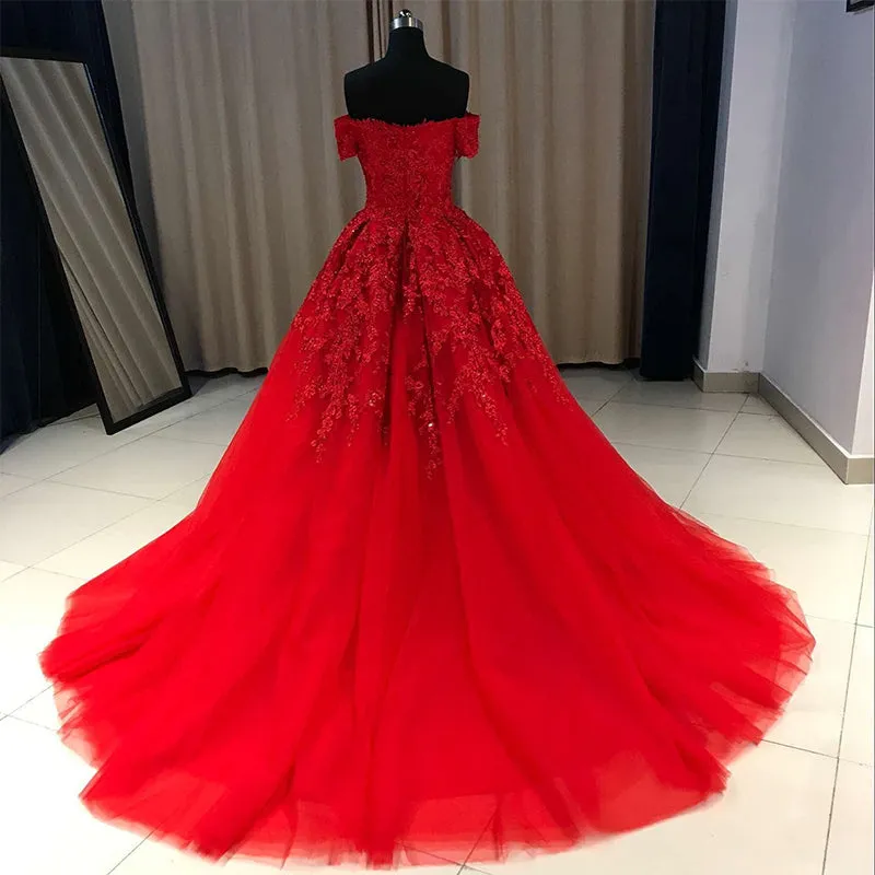 Red Gorgeous Sweetheart Off Shoulder Lace Applique Ball Gown Prom Dress, Red Evening Dress Party Dress