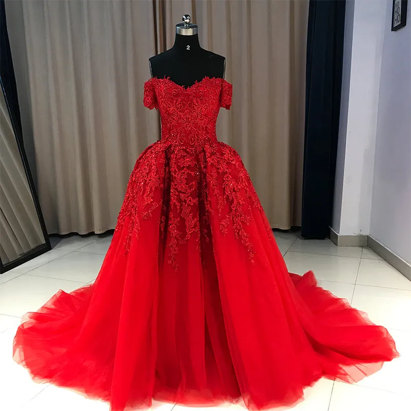 Red Gorgeous Sweetheart Off Shoulder Lace Applique Ball Gown Prom Dress, Red Evening Dress Party Dress