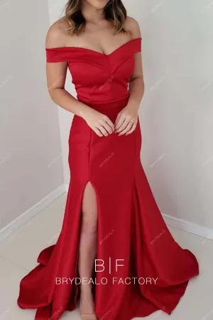 Red Satin Off Shoulder Sexy Slit Mermaid Prom Homecoming Dress