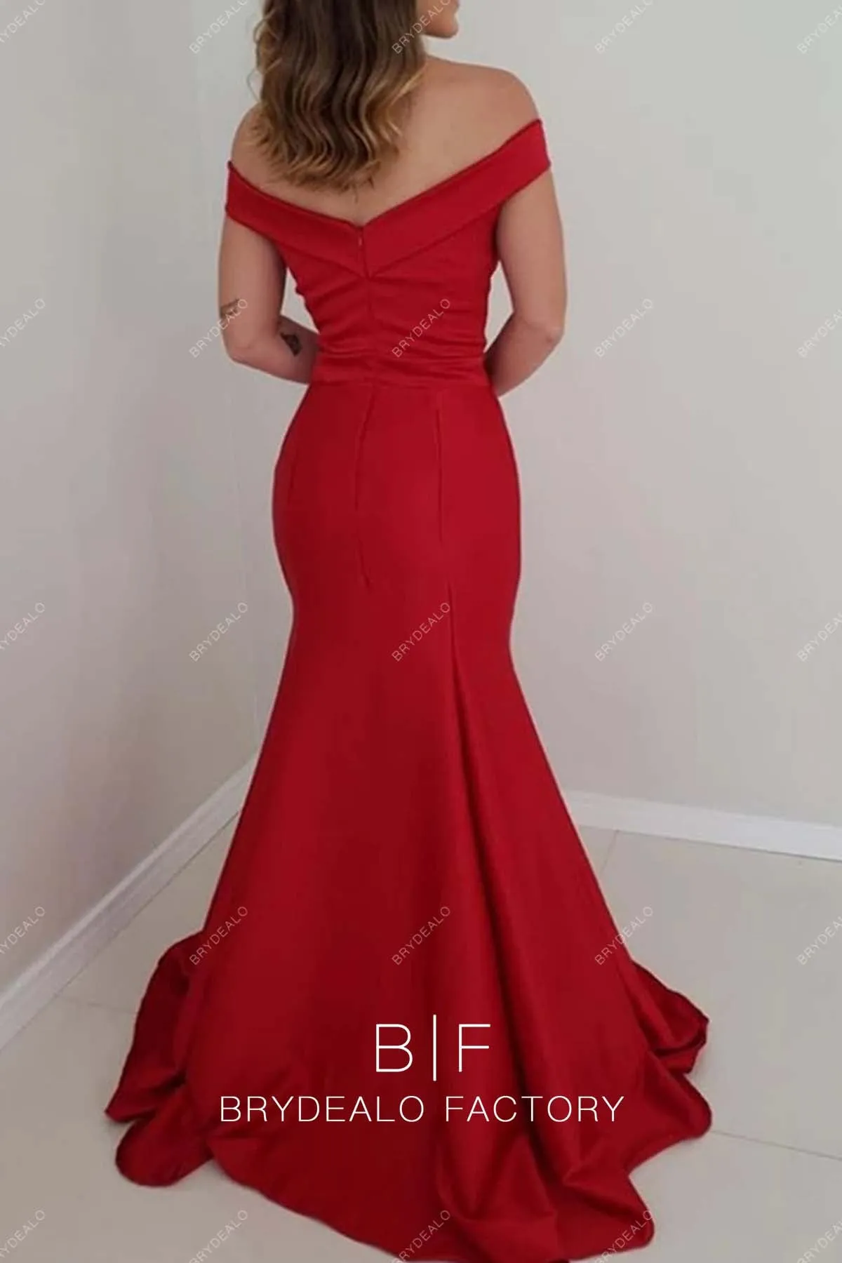 Red Satin Off Shoulder Sexy Slit Mermaid Prom Homecoming Dress