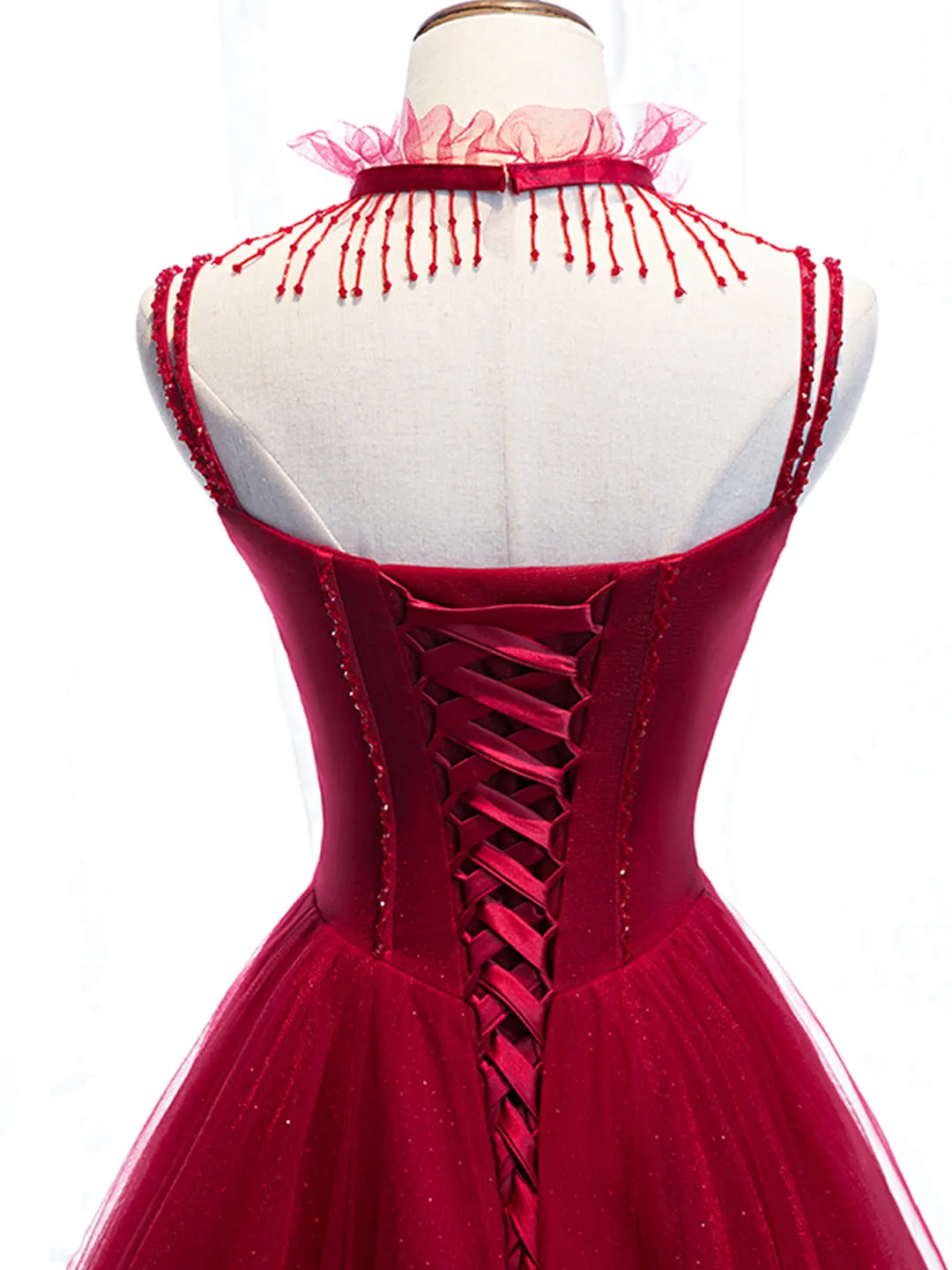 Red Spaghetti Strap Tulle Party Dress Red Floor Length Prom Dress