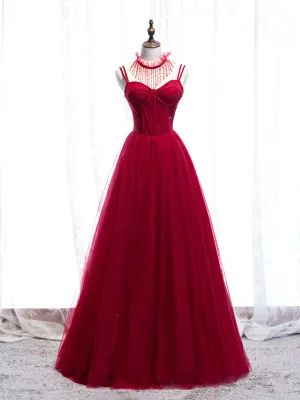 Red Spaghetti Strap Tulle Party Dress Red Floor Length Prom Dress