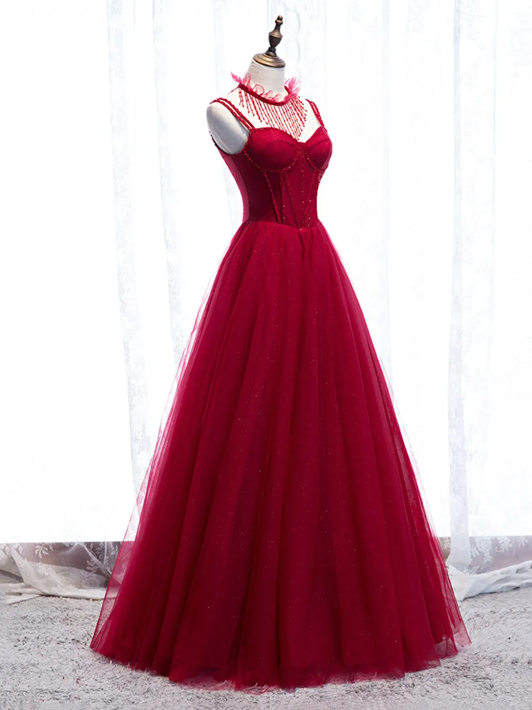Red Spaghetti Strap Tulle Party Dress Red Floor Length Prom Dress