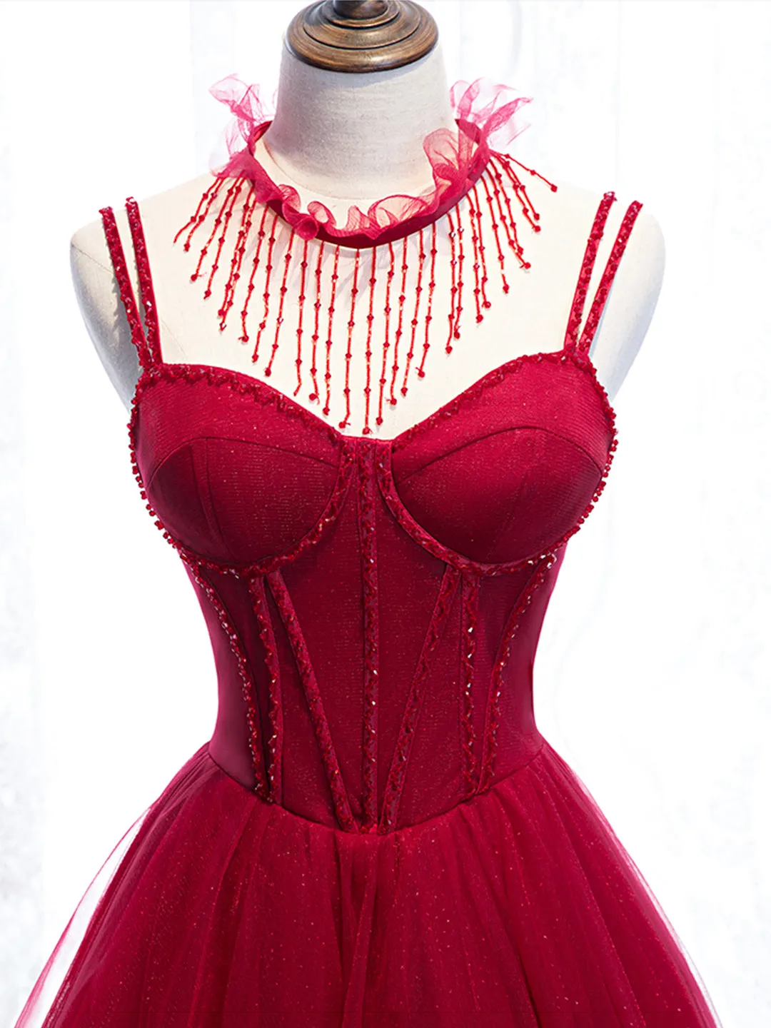 Red Spaghetti Strap Tulle Party Dress Red Floor Length Prom Dress