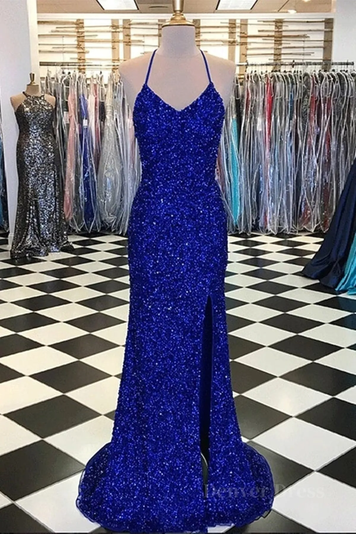 Shiny Blue Sequins Mermaid Backless Long Prom Dress with High Slit Mermaid Blue Formal Dress Blue Evening Dress