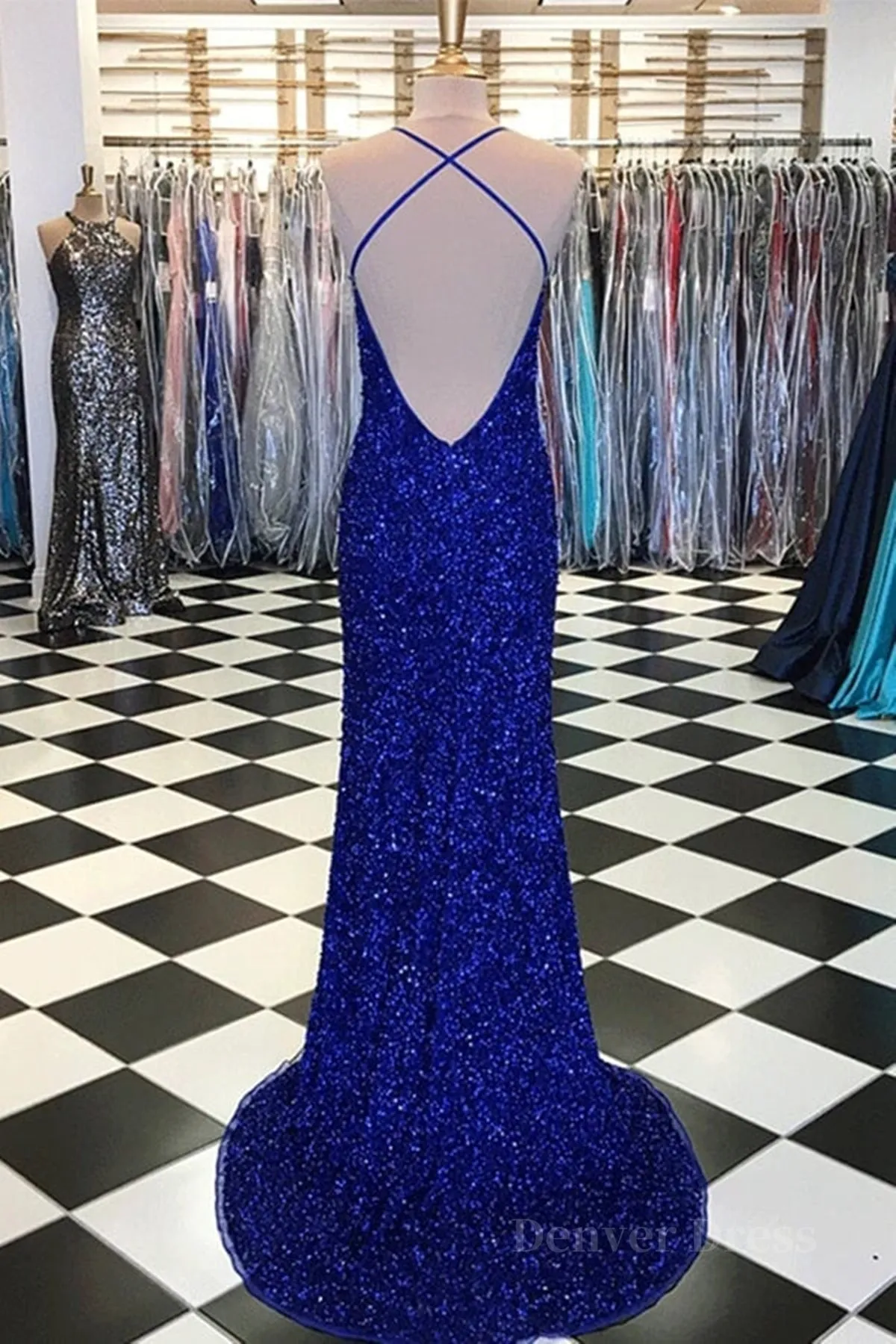 Shiny Blue Sequins Mermaid Backless Long Prom Dress with High Slit Mermaid Blue Formal Dress Blue Evening Dress