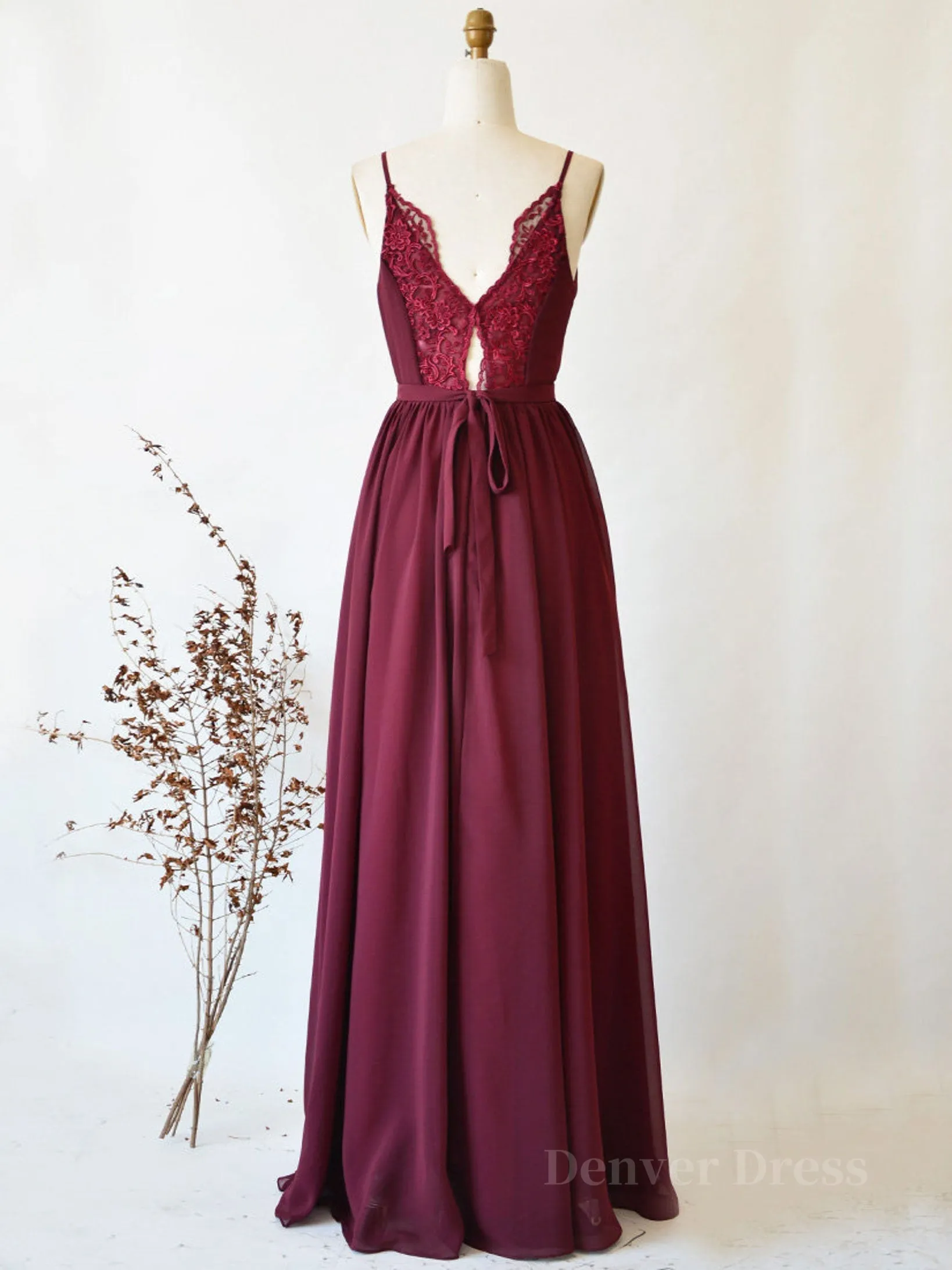 Simple burgundy chiffon lace long prom dress burgundy evening dress