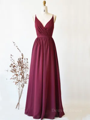 Simple burgundy chiffon lace long prom dress burgundy evening dress
