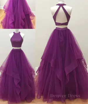 Simple two pieces tulle long prom dress tulle evening dress