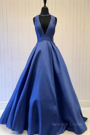 Simple V Neck Blue Satin Long Prom Dress V Neck Blue Formal Dress Blue Evening Dress