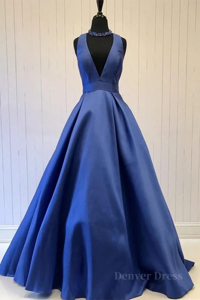 Simple V Neck Blue Satin Long Prom Dress V Neck Blue Formal Dress Blue Evening Dress