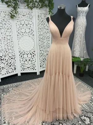 Simple v neck champagne tulle long prom dress champagne evening dress