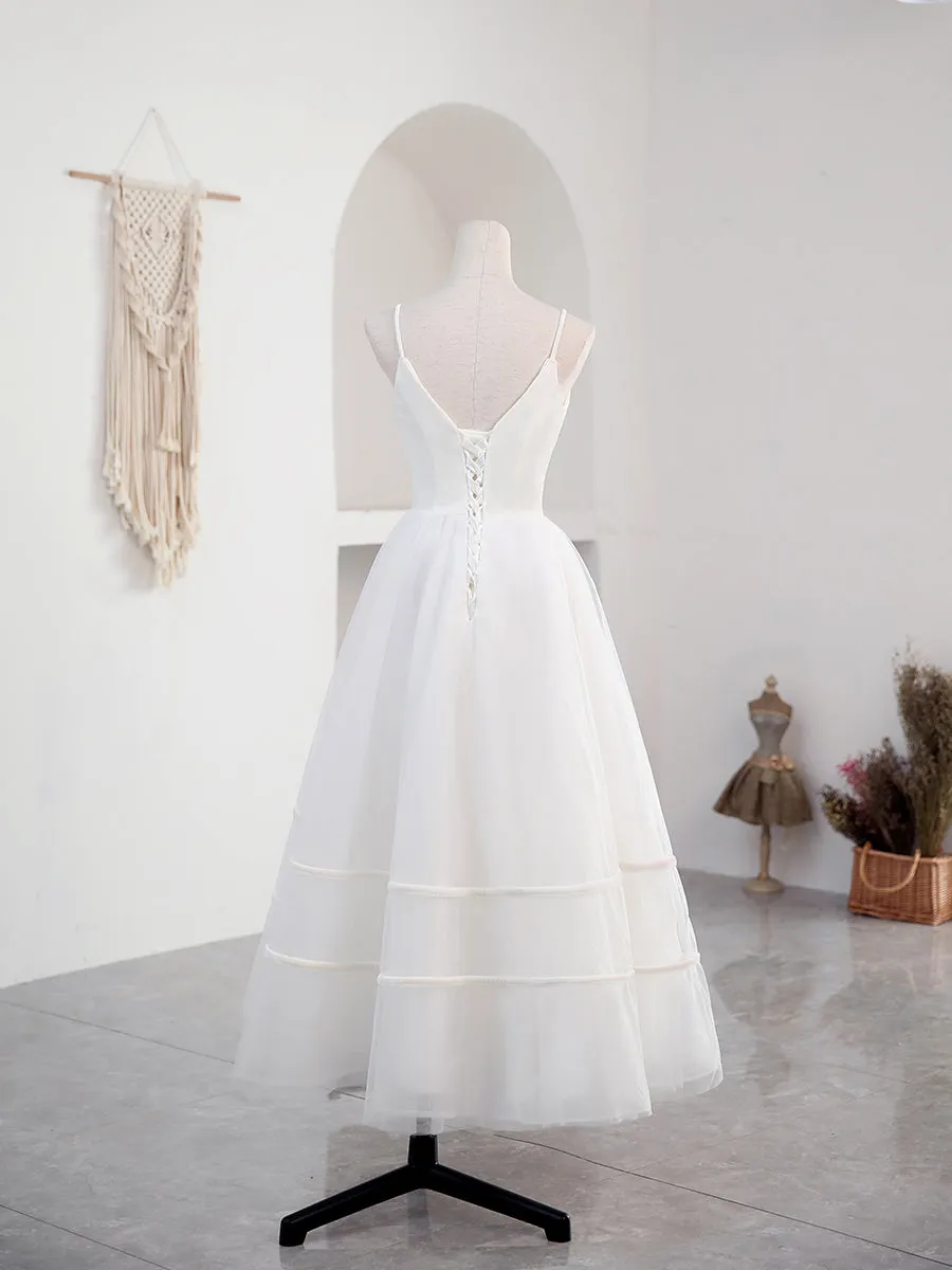 Simple V Neck Tulle Tea Length White Prom Dress, White Bridesmaid Dress