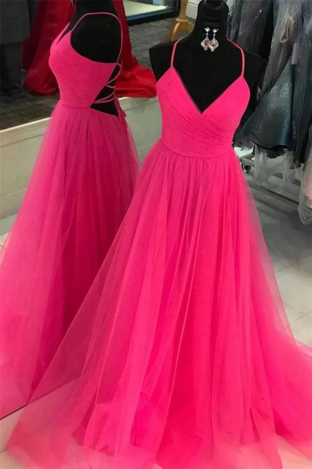 Spaghetti Straps V Neck Tulle Prom Gown, Elegant Long Formal Dress