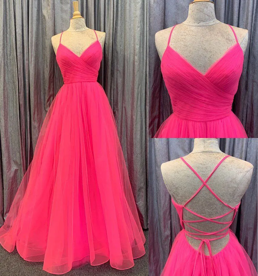 Spaghetti Straps V Neck Tulle Prom Gown, Elegant Long Formal Dress