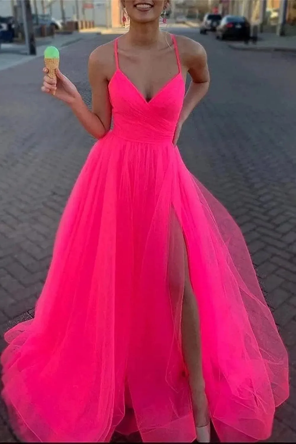 Spaghetti Straps V Neck Tulle Prom Gown, Elegant Long Formal Dress