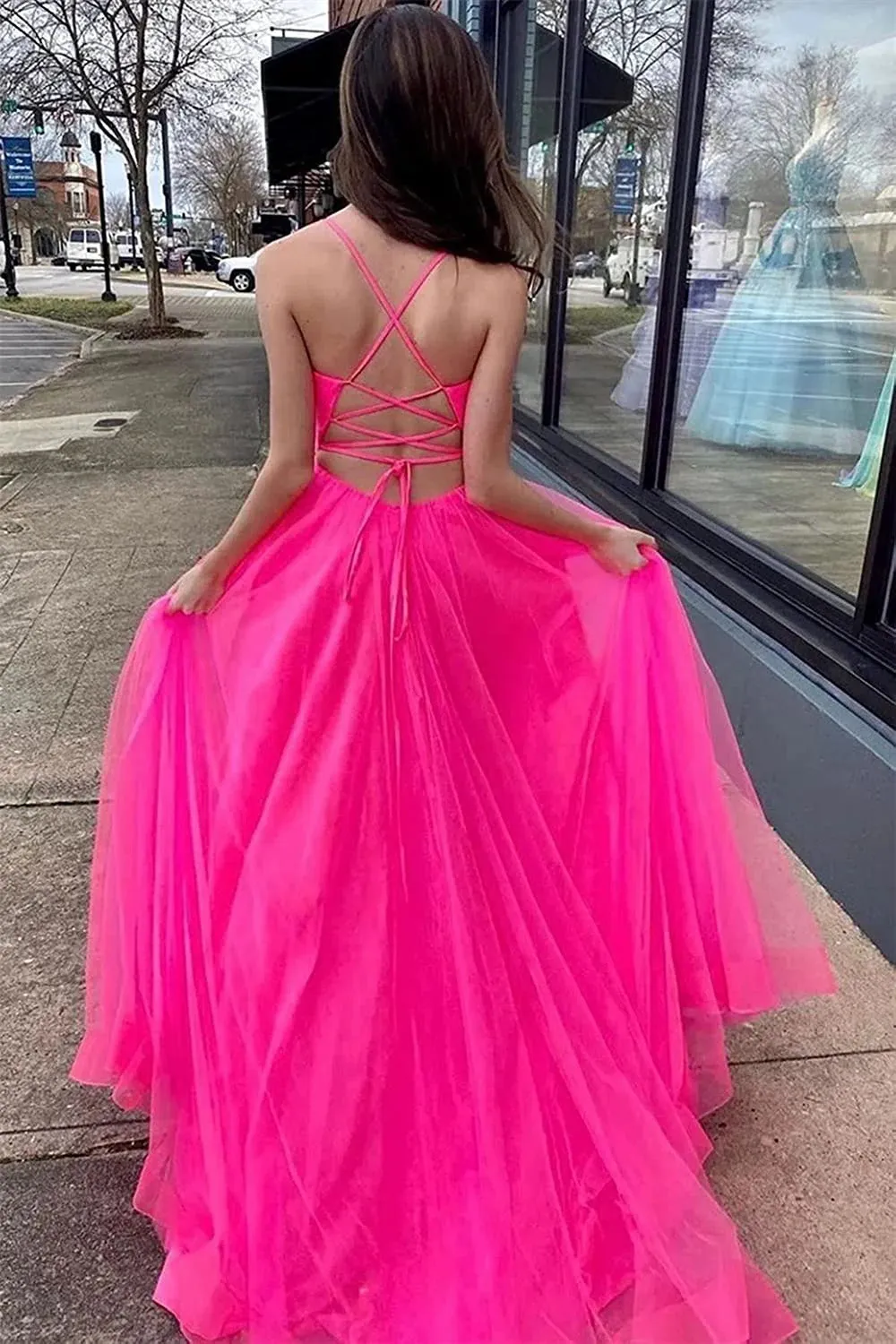 Spaghetti Straps V Neck Tulle Prom Gown, Elegant Long Formal Dress