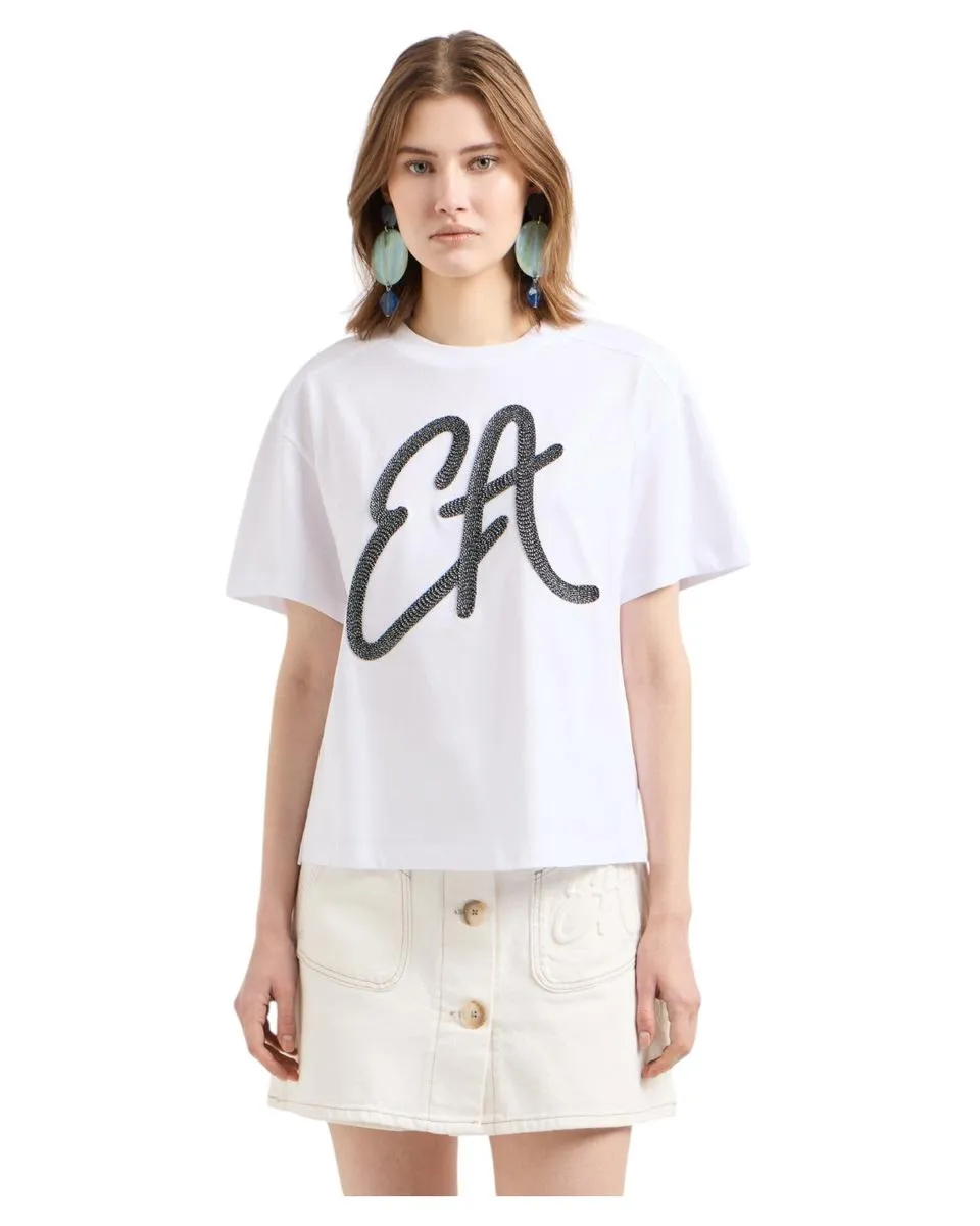 T-shirt in Jersey di Cotone con Maxi Logo in Lurex