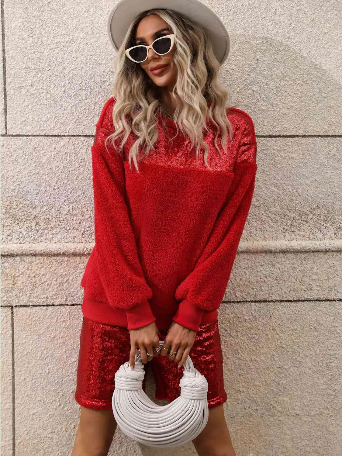 TEEK - Sequin Teddy Sweatshirt and Shorts Set