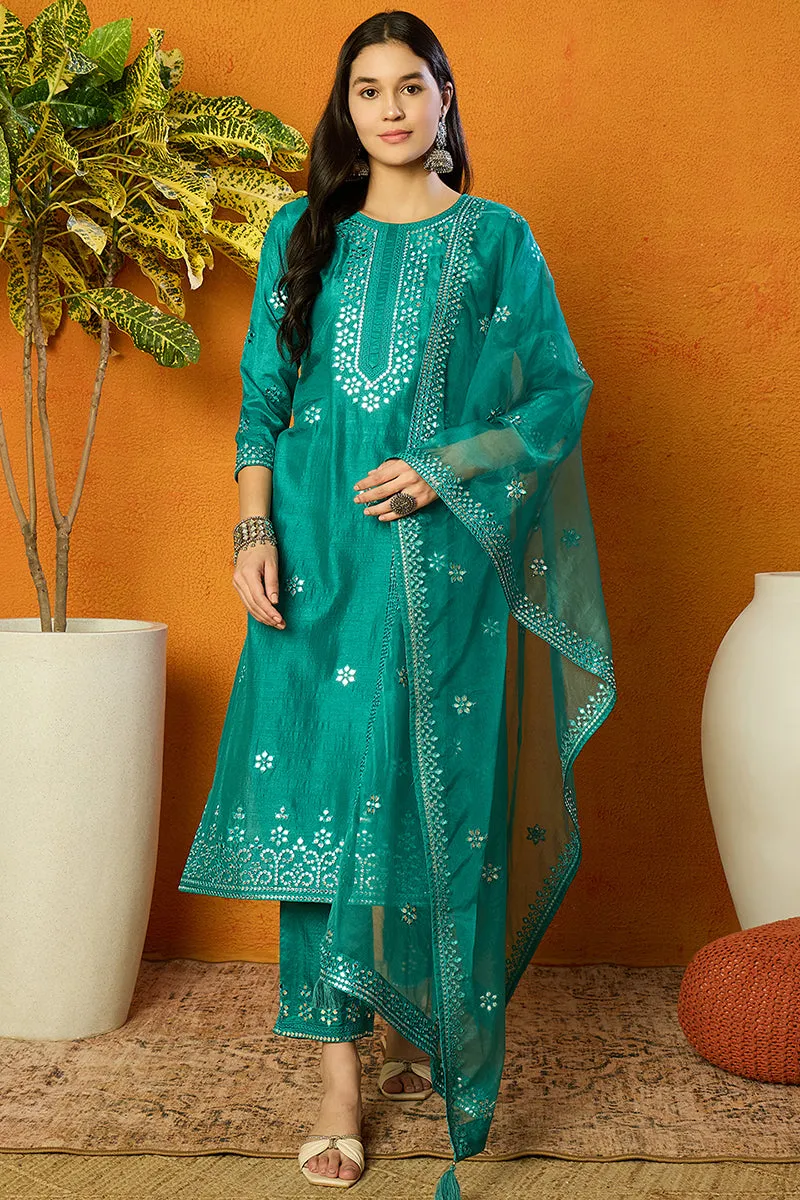 Turquoise Blue Silk Blend Solid Embroidered Straight Suit Set