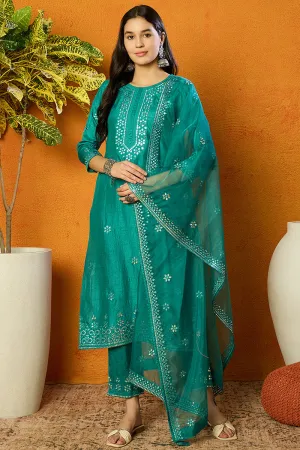 Turquoise Blue Silk Blend Solid Embroidered Straight Suit Set