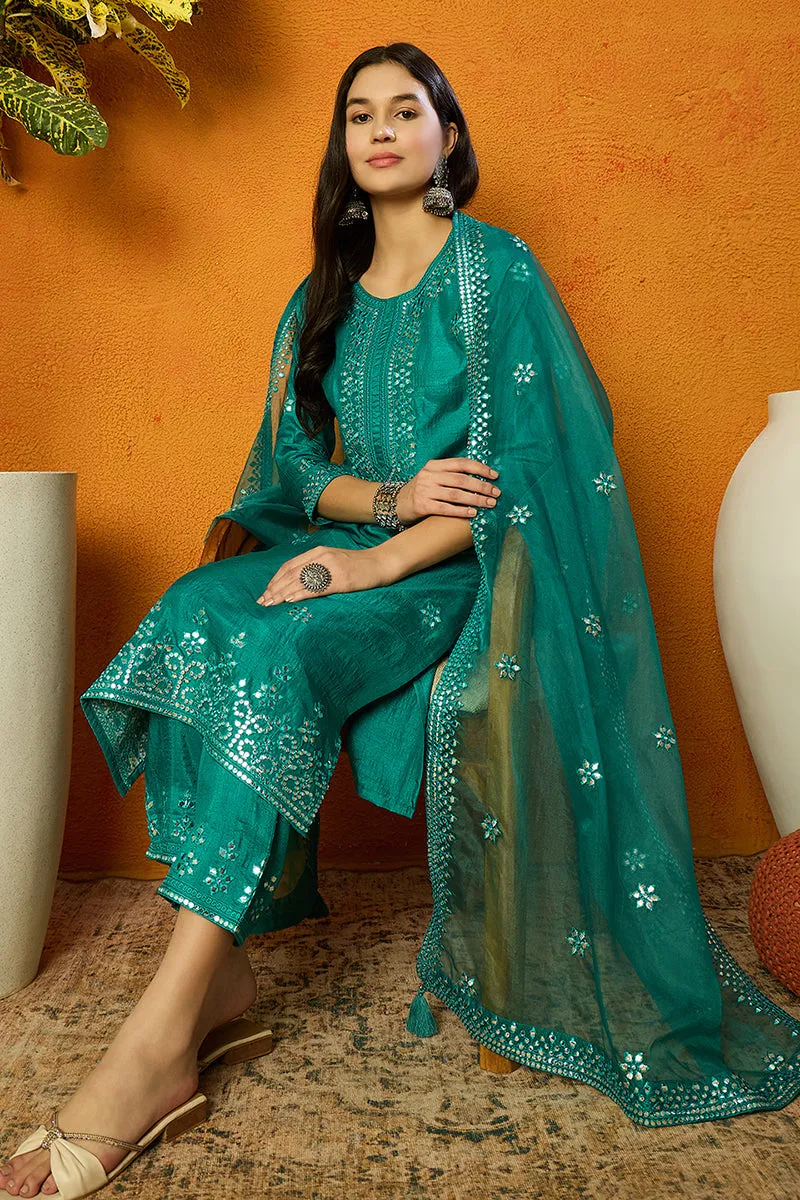 Turquoise Blue Silk Blend Solid Embroidered Straight Suit Set