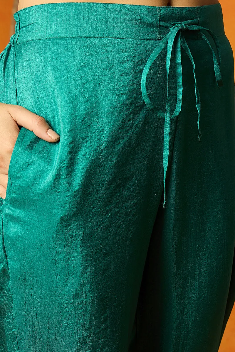 Turquoise Blue Silk Blend Solid Embroidered Straight Suit Set