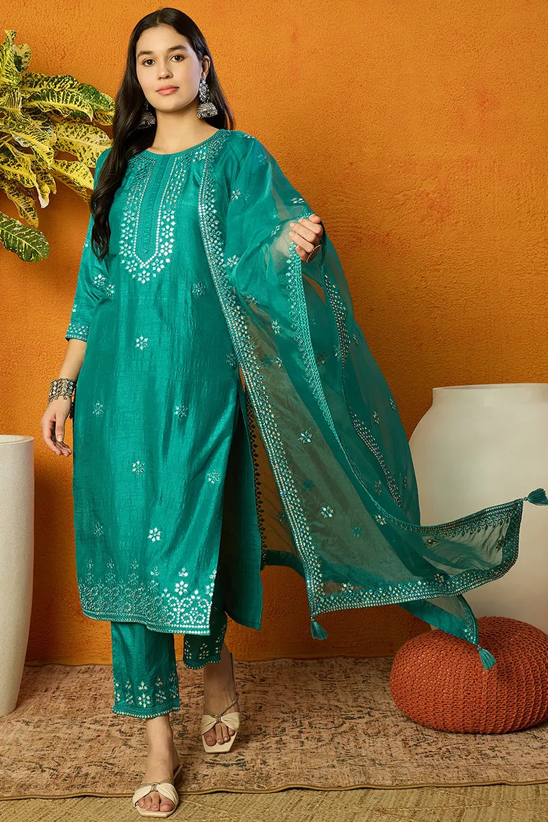 Turquoise Blue Silk Blend Solid Embroidered Straight Suit Set