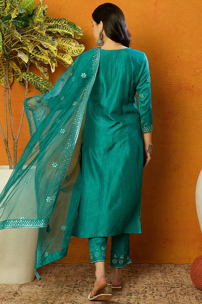 Turquoise Blue Silk Blend Solid Embroidered Straight Suit Set