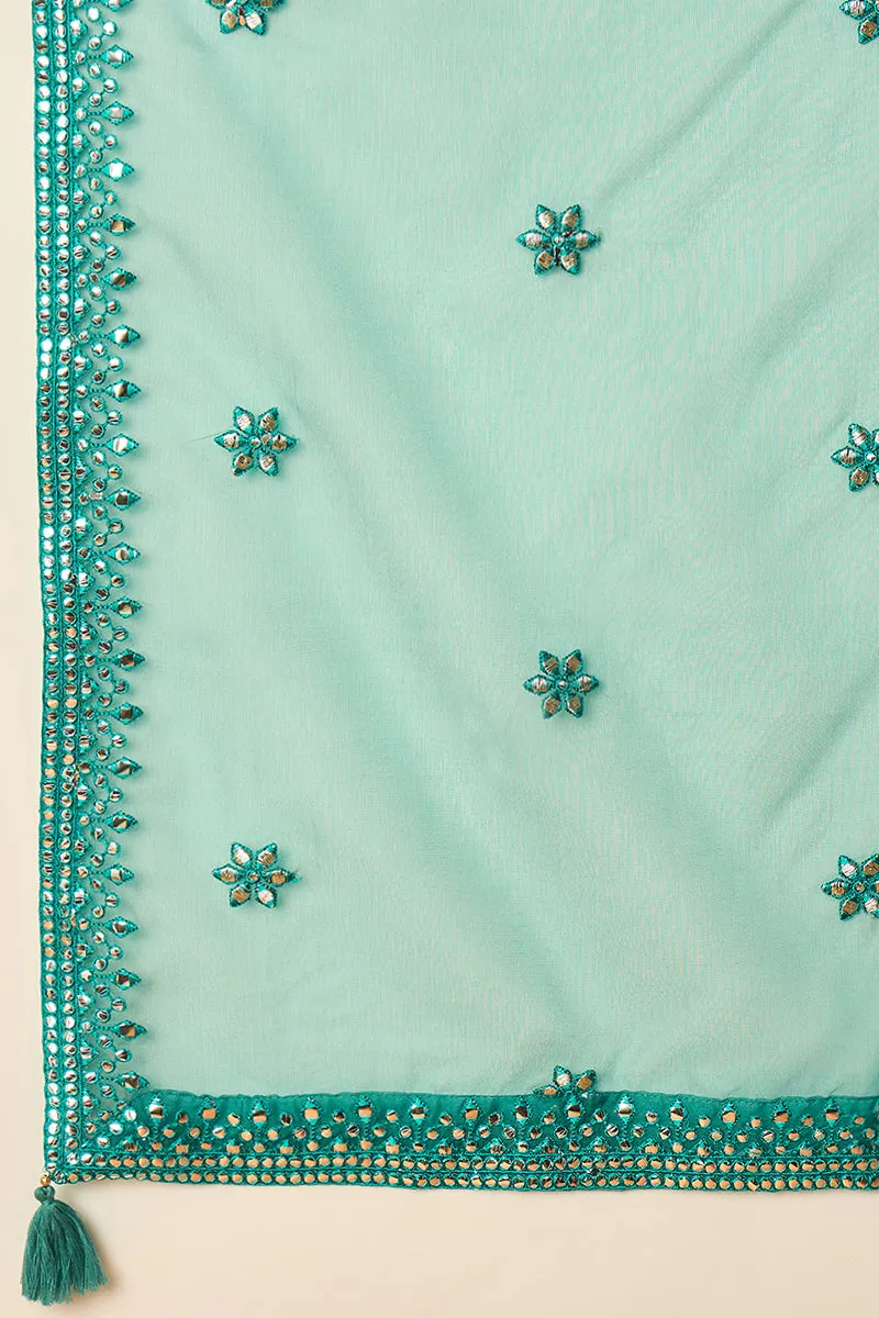 Turquoise Blue Silk Blend Solid Embroidered Straight Suit Set