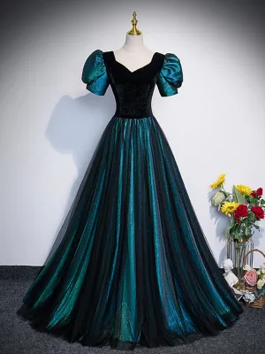 Unique Black Velvet and Tulle Long Prom Dress A-Line Short Sleeve Evening Party Dress