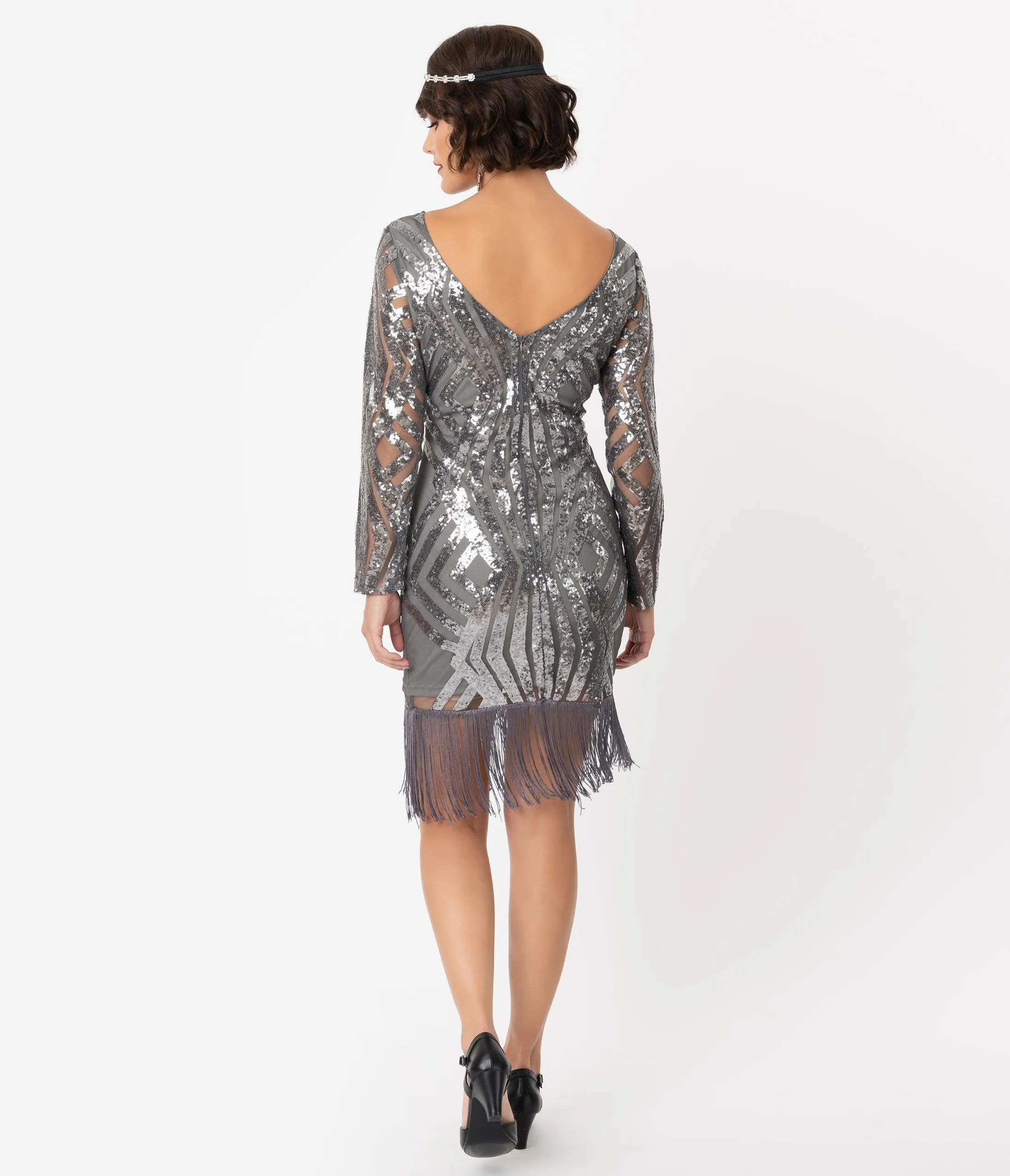 Unique Vintage Silver Pewter Sequin Sleeved Jocelyne Flapper Dress