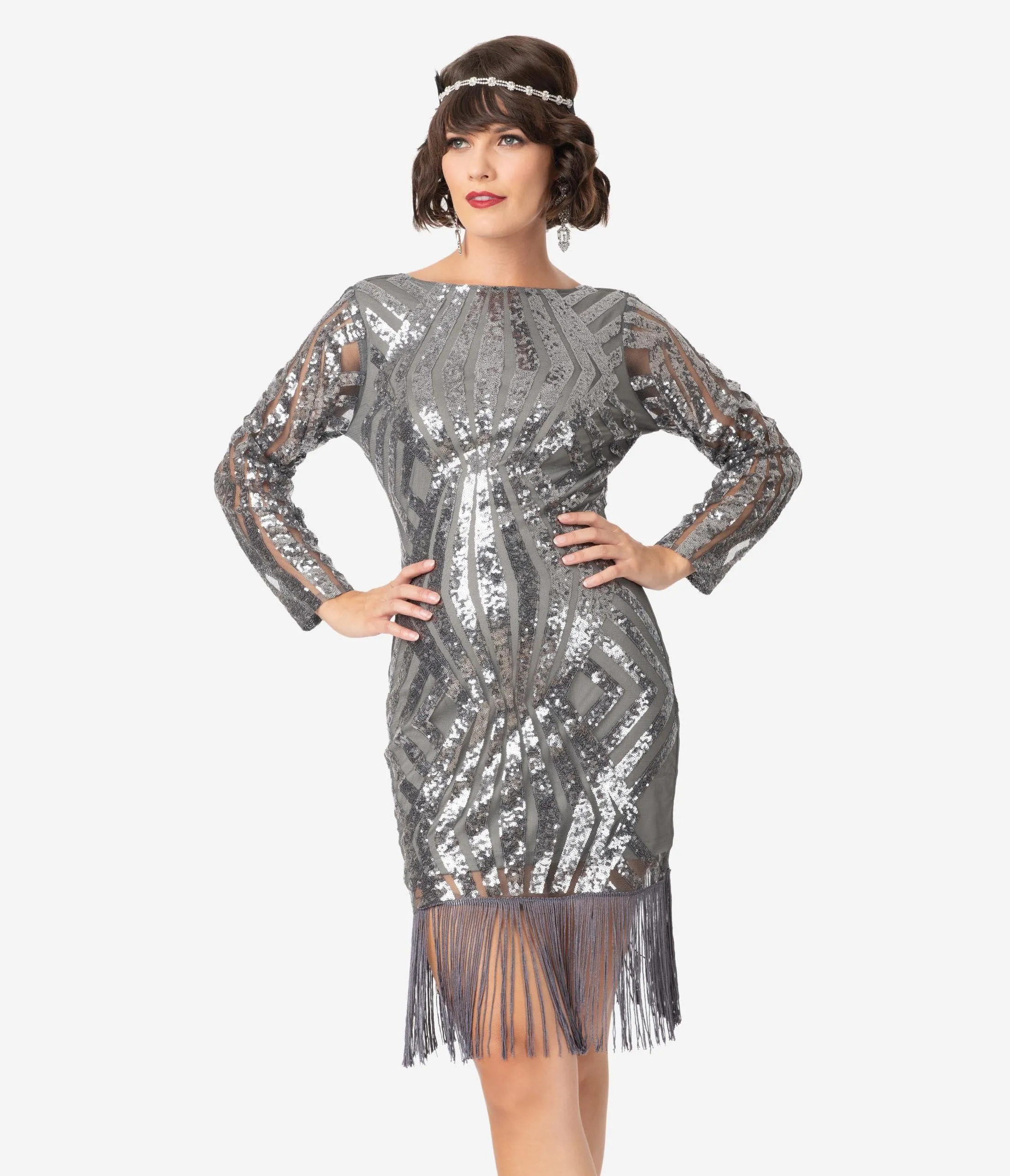 Unique Vintage Silver Pewter Sequin Sleeved Jocelyne Flapper Dress