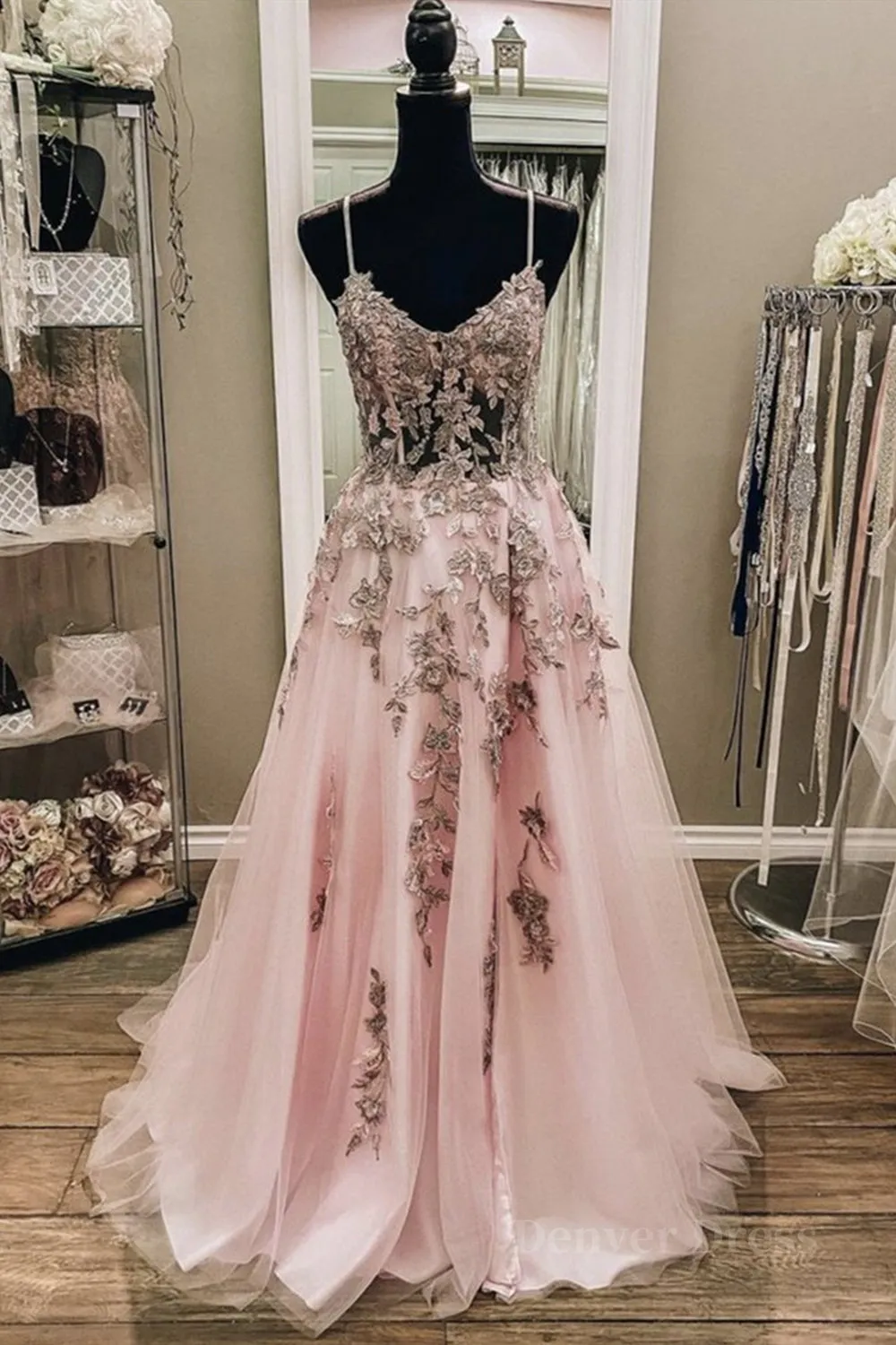 V Neck Backless Pink Lace Long Prom Dress Long Pink Lace Formal Evening Dress