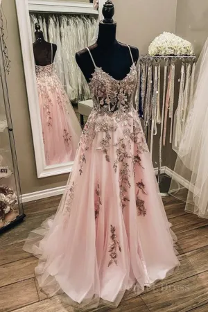 V Neck Backless Pink Lace Long Prom Dress Long Pink Lace Formal Evening Dress