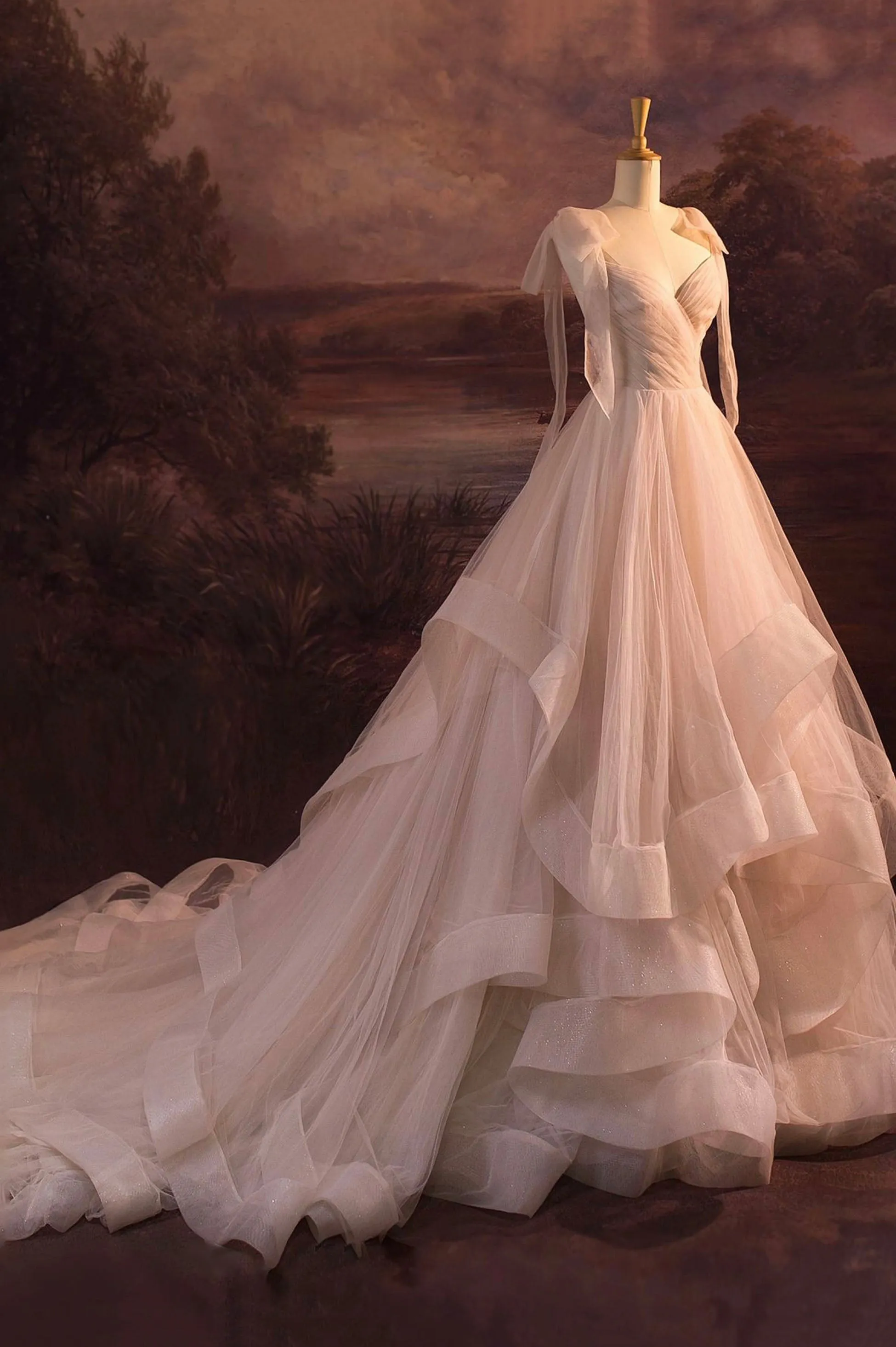 V-Neck Tulle Long Ball Gown A-Line Formal Evening Gown