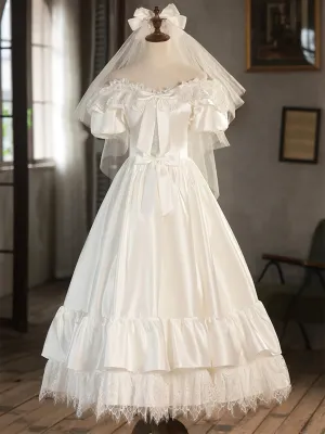 White Satin Lace Short Prom Dress Off Shoulder Evening Dress Wedding Dress