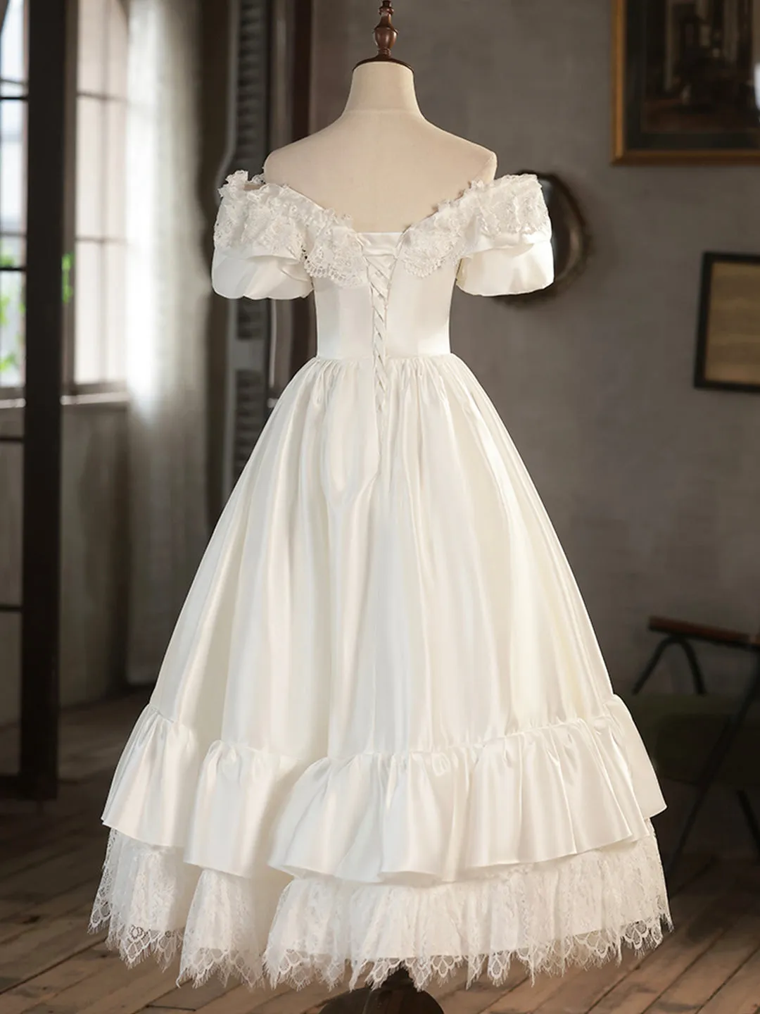White Satin Lace Short Prom Dress Off Shoulder Evening Dress Wedding Dress