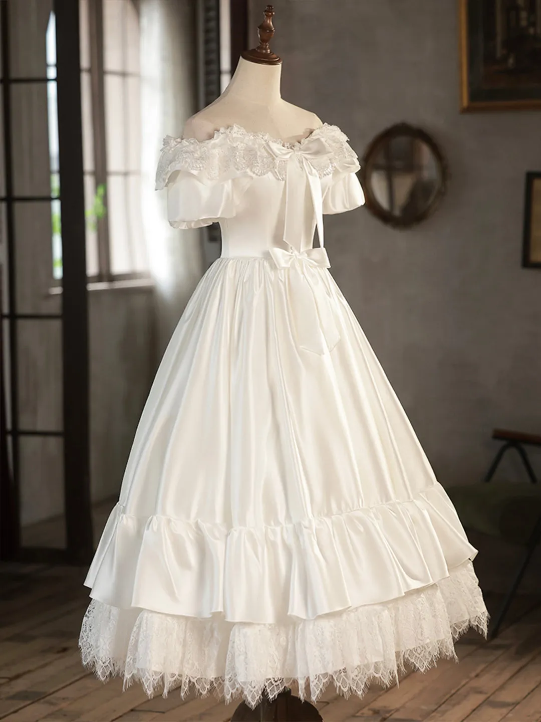 White Satin Lace Short Prom Dress Off Shoulder Evening Dress Wedding Dress