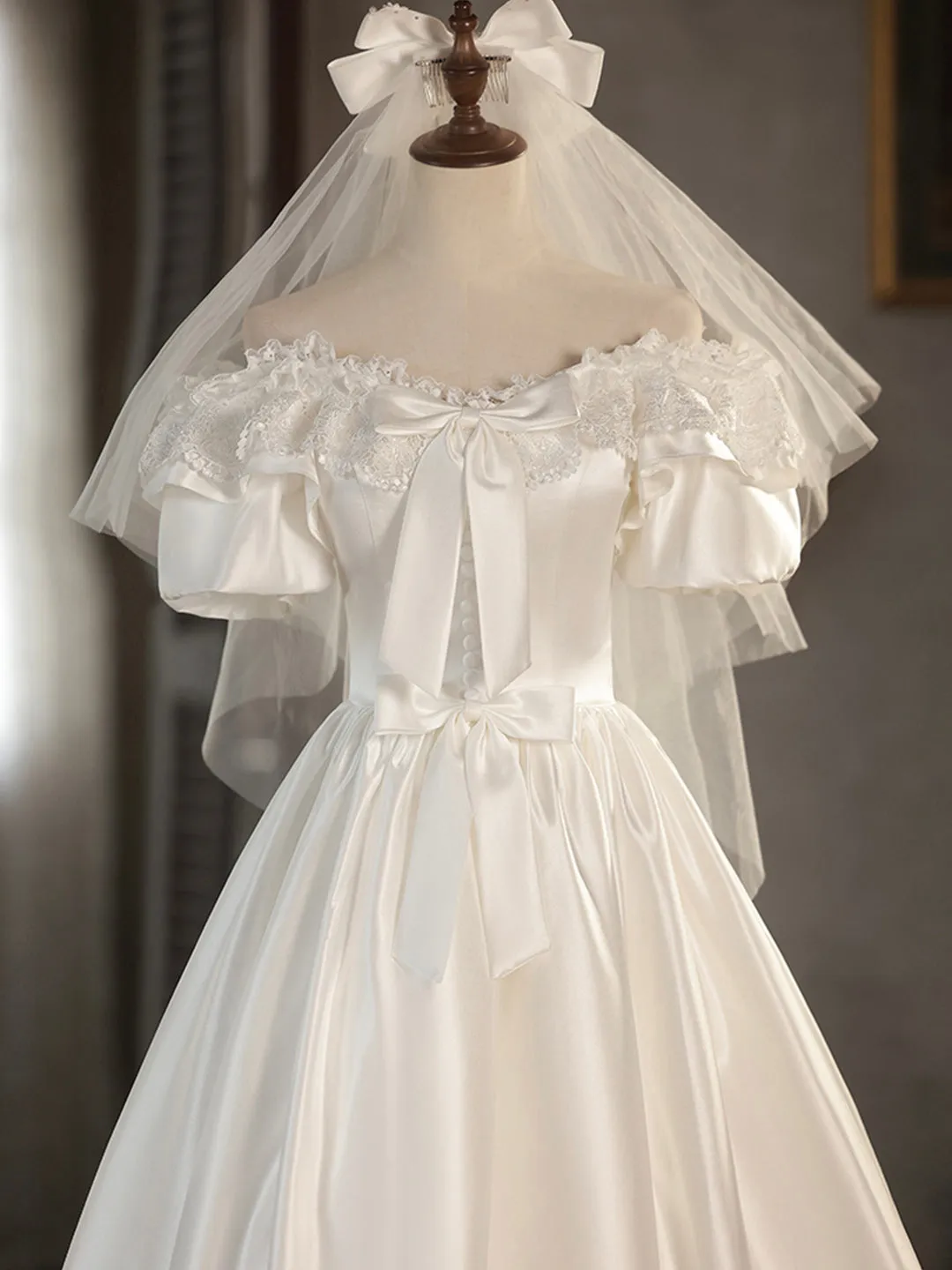 White Satin Lace Short Prom Dress Off Shoulder Evening Dress Wedding Dress