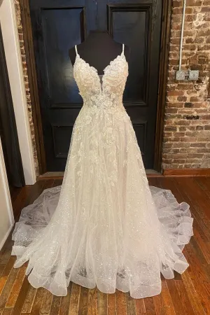 White Tulle Sequins Long Prom Dresses A-Line Backless Evening Dresses
